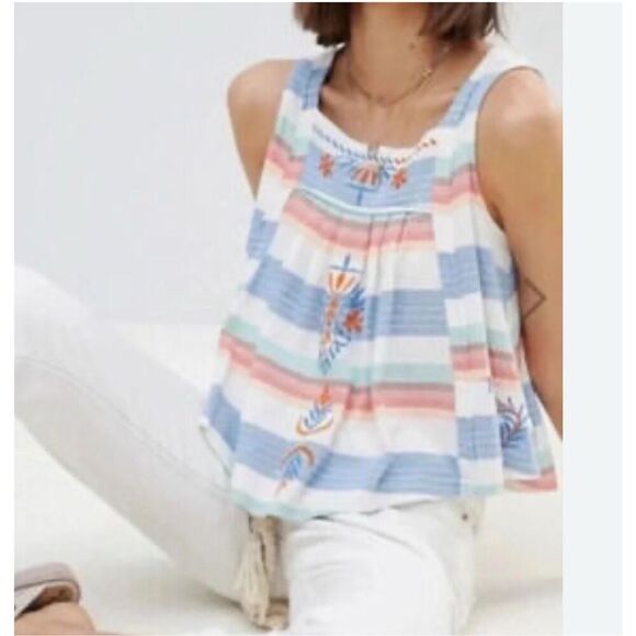 Free People Striped Embroidered Swing Tank Top Women’s Large - Picture 1 of 8